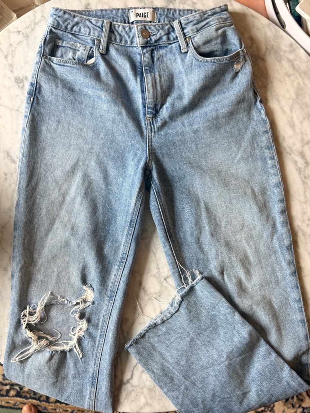 Paige Light Wash Distressed Straight Leg Jeans Size 28 High Rise Denim